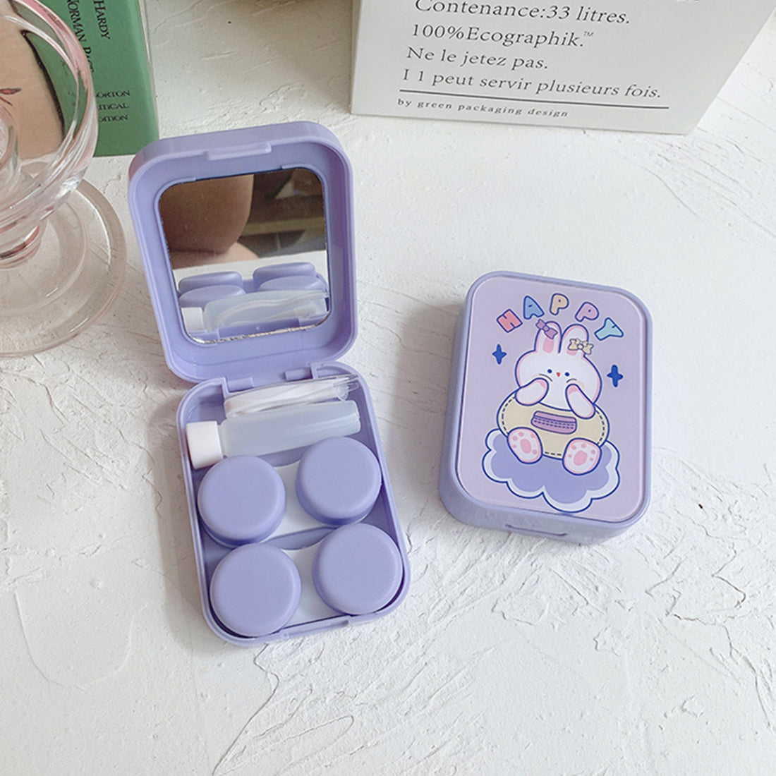 紫色HAPPY兔子卡通隐形眼镜伴侣盒两副装