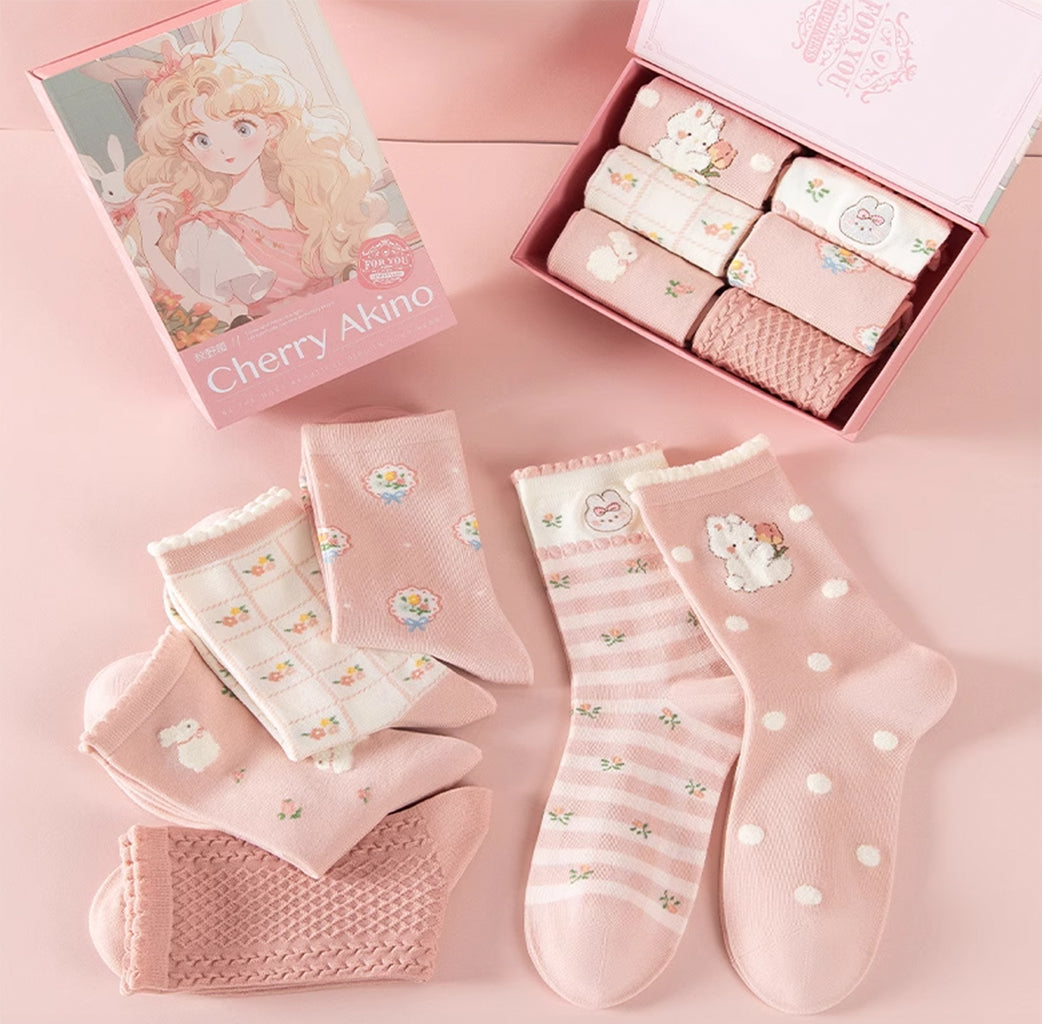 Caramella Cherry Akino Series Socks Box Pink Color 6 pairs