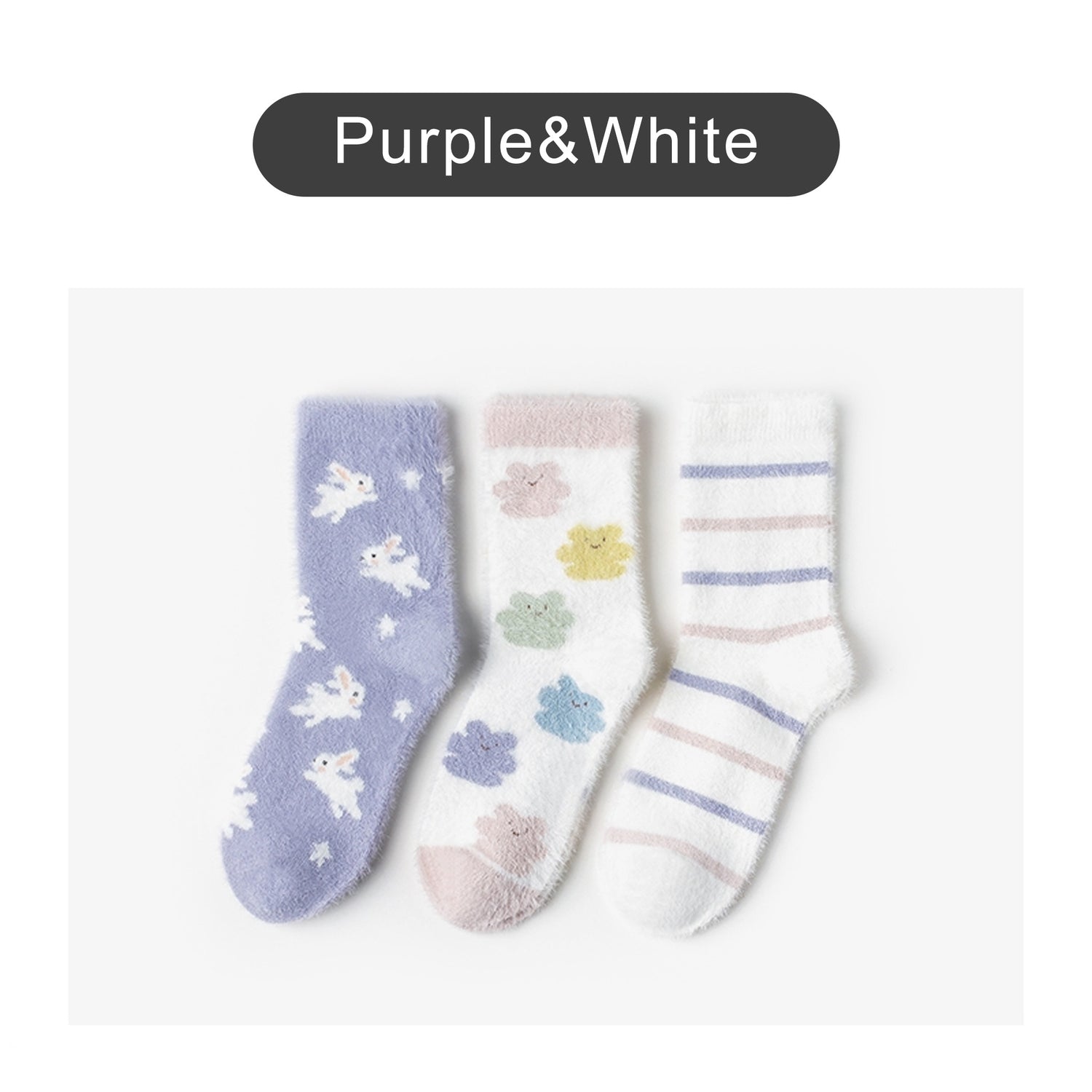 Caramella Mid-Calf Socks Purple&amp;White Coral Fleece