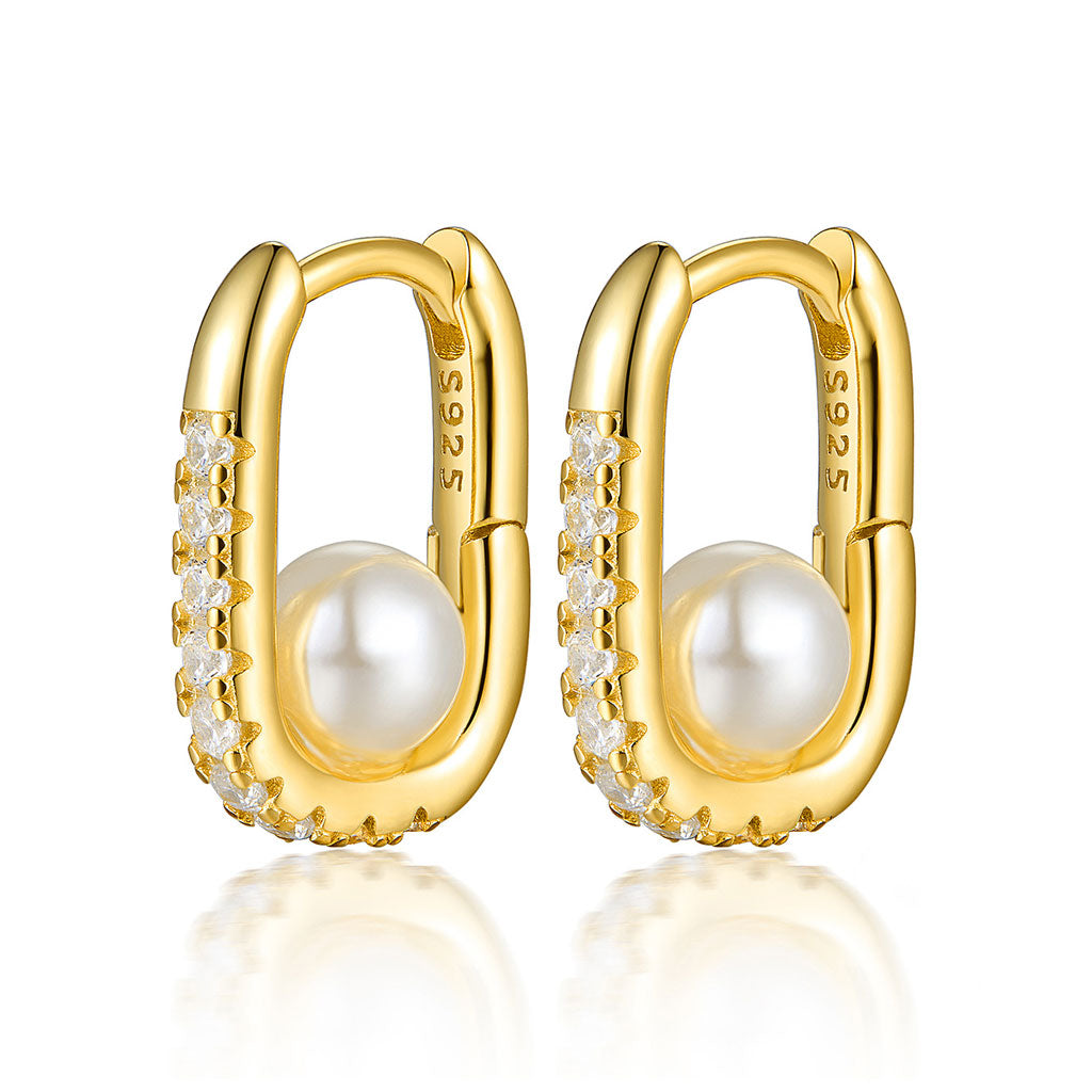Geometric Oval Zircon Pearl Earrings