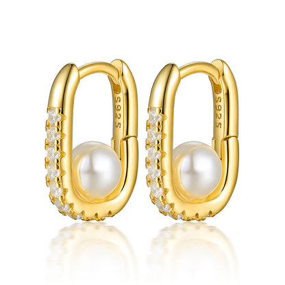 Geometric Oval Zircon Pearl Earrings