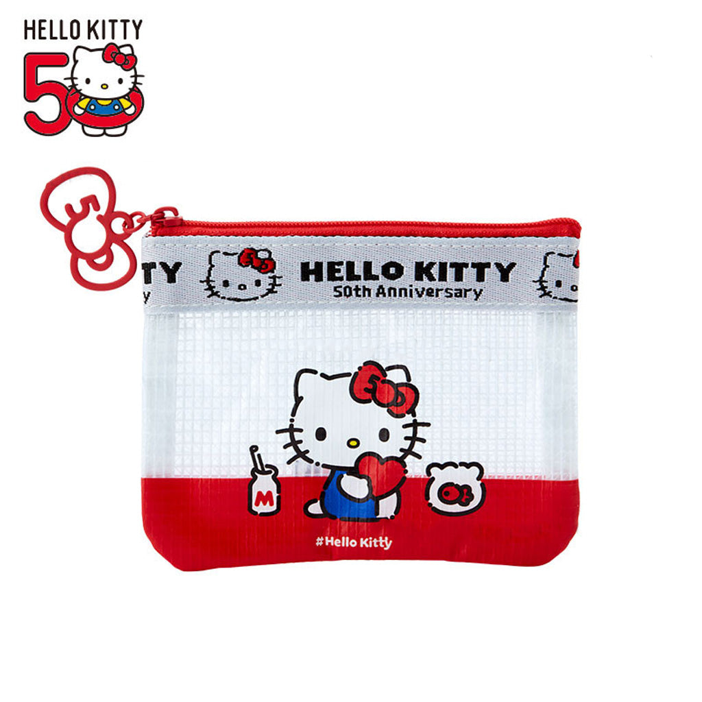 Crafted with a transparent vinyl material layered over a checkered mesh fabric, offering a modern and chic look.Characters Hello Kitty.