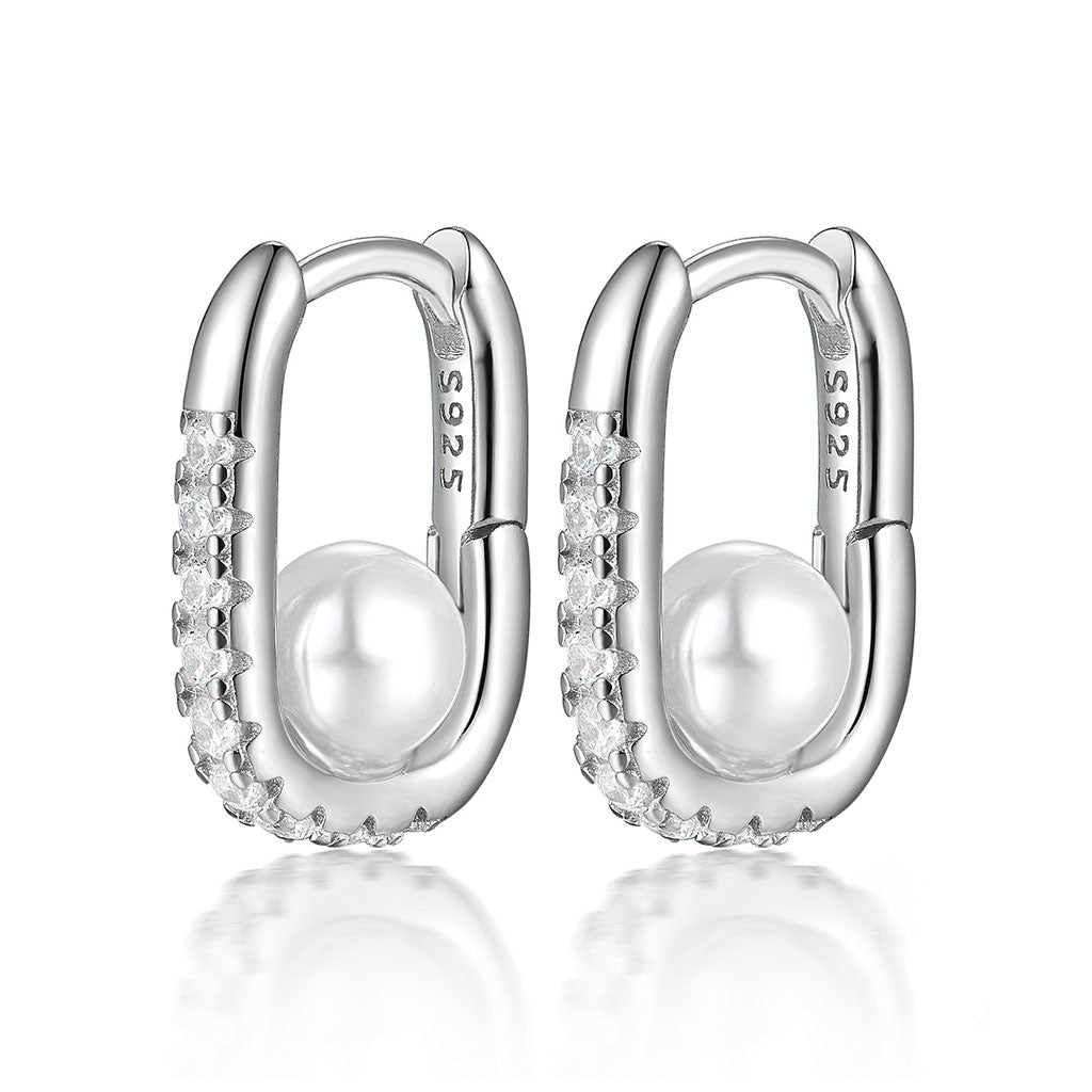 Geometric Oval Zircon Pearl Earrings